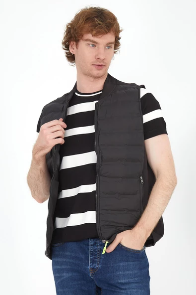 Erkek Regular Fit Bomber Yaka Fermuarlı Cepli Şişme Rahat Spor Yelek - 2