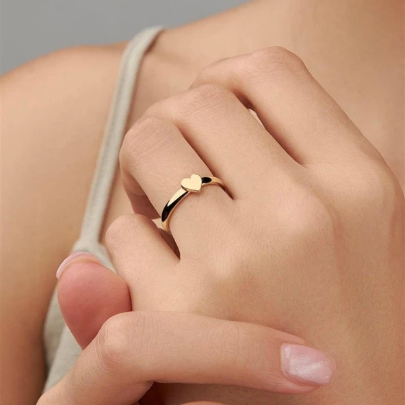 Altın Kaplama Kalp Motifli Minimal Gümüş Bayan Yüzük - Resim 3