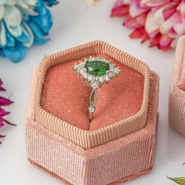 Oval Yeşil Zirkon Taşlı Tektaş Gümüş Bayan Yüzük - Resim 6