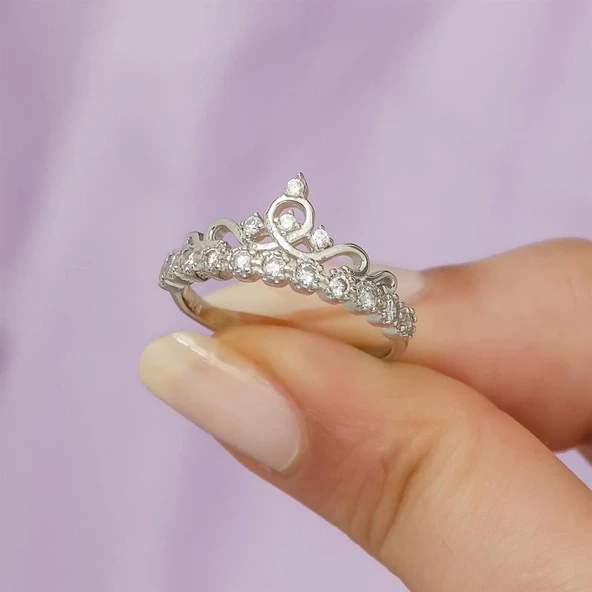 Zirkon Taşlı Sarmaşık Kraliçe Tacı Tektaş Gümüş Bayan Yüzük - Resim 6