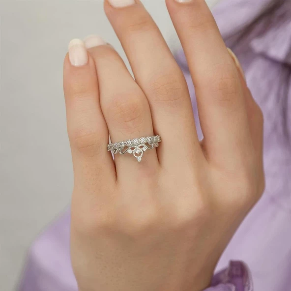 Zirkon Taşlı Sarmaşık Kraliçe Tacı Tektaş Gümüş Bayan Yüzük - Resim 11