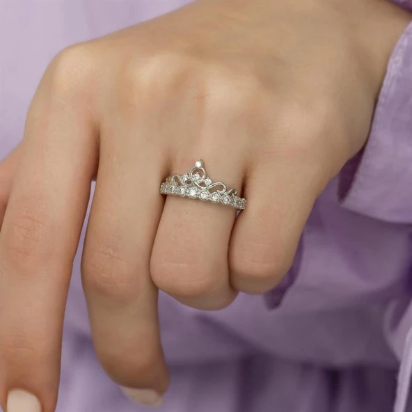 Zirkon Taşlı Sarmaşık Kraliçe Tacı Tektaş Gümüş Bayan Yüzük - Resim 9