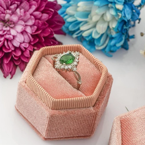 Oval Yeşil Zirkon Taşlı Tektaş Gümüş Bayan Yüzük - Resim 4