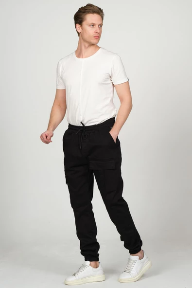 Erkek Kargo Cepli Beli ve Paçası Lastikli Jogger Pantolon - 3