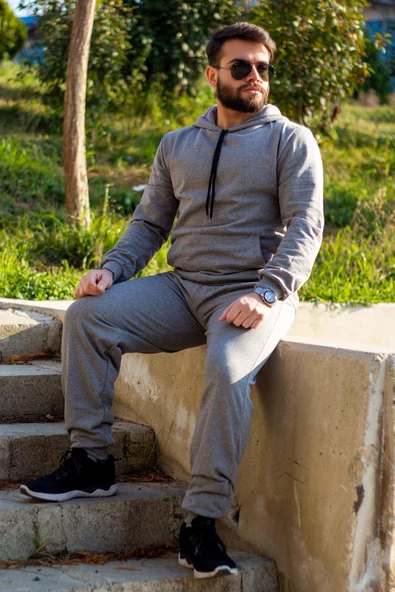 Erkek Gri Melanj İçi Yumuşak Kalın Rahat Paça Lastikli Ribanalı Eşofman Altı 21EESAKNSP - 5