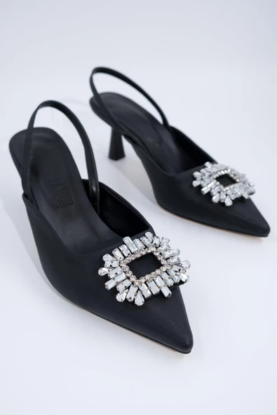 Siyah Taşlı Arkası Açık Stiletto Kısa Topuklu Ayakkabı - Elizabeth - 5