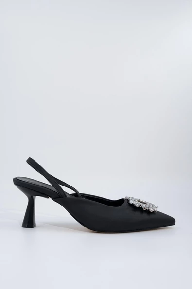 Siyah Taşlı Arkası Açık Stiletto Kısa Topuklu Ayakkabı - Elizabeth - 2
