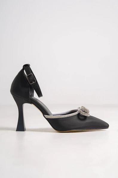 Siyah Saten Fiyonk Taşlı Stiletto Kadeh Topuklu Ayakkabı - Darley - Resim 2