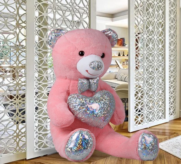 140 cm Işıltılı GÜMÜŞ Papyonlu, Kalp Tutan Peluş Ayı, Sevgiliye ÖZEL SERİ HEDİYE - 4