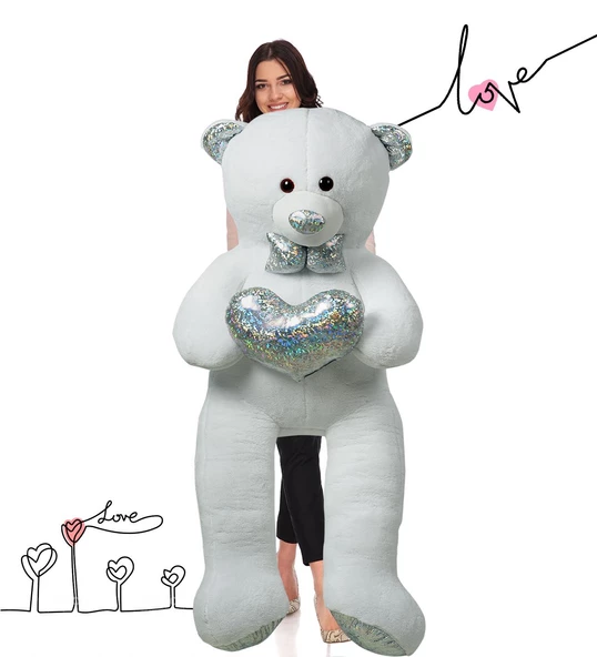 140 cm Işıltılı GÜMÜŞ Papyonlu, Kalp Tutan Peluş Ayı, Sevgiliye ÖZEL SERİ HEDİYE - 9