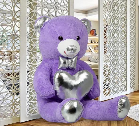140 cm Işıltılı GÜMÜŞ Papyonlu, Kalp Tutan Peluş Ayı, Sevgiliye ÖZEL SERİ HEDİYE - 12