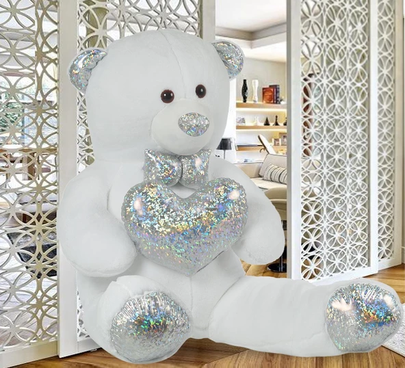 140 cm Işıltılı GÜMÜŞ Papyonlu, Kalp Tutan Peluş Ayı, Sevgiliye ÖZEL SERİ HEDİYE - 7