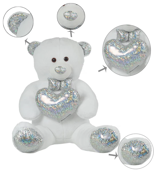 140 cm Işıltılı GÜMÜŞ Papyonlu, Kalp Tutan Peluş Ayı, Sevgiliye ÖZEL SERİ HEDİYE - 8