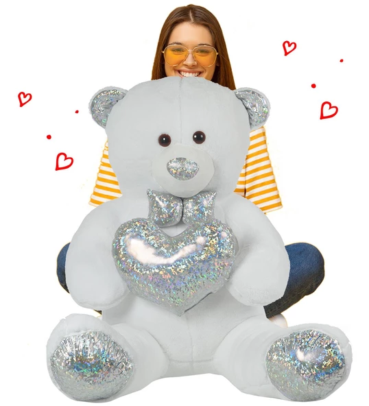 140 cm Işıltılı GÜMÜŞ Papyonlu, Kalp Tutan Peluş Ayı, Sevgiliye ÖZEL SERİ HEDİYE - 6