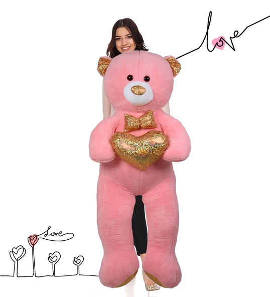 140 cm Işıltılı DORE Papyonlu, Kalp Tutan Peluş Ayı, Sevgiliye ÖZEL SERİ HEDİYE - 5