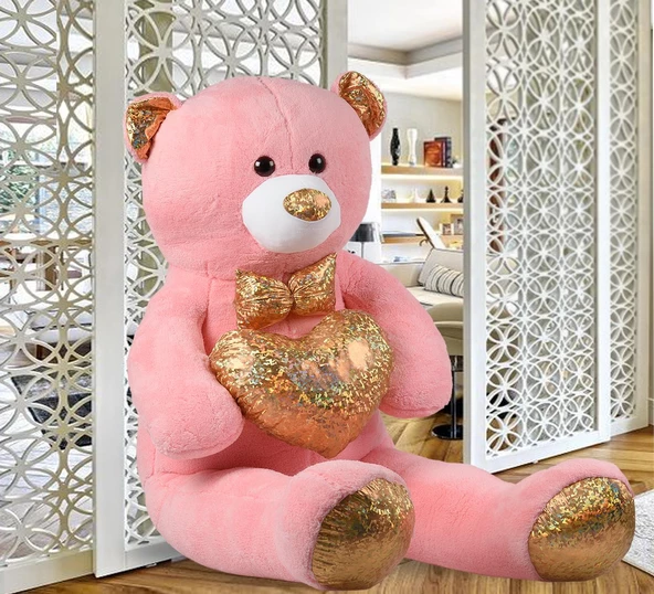 140 cm Işıltılı DORE Papyonlu, Kalp Tutan Peluş Ayı, Sevgiliye ÖZEL SERİ HEDİYE - 4
