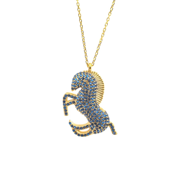 925 Ayar Gümüş Safir Taşlı Şahlanan At Modeli Kolye - Resim 2