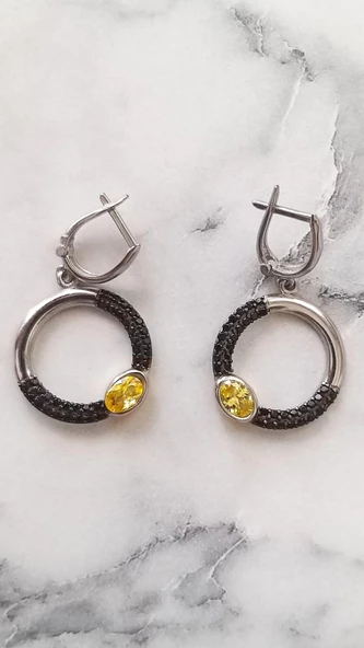 925 Ayar Gümüş Sitrin & Oniks Taşlı Küpe - Resim 2