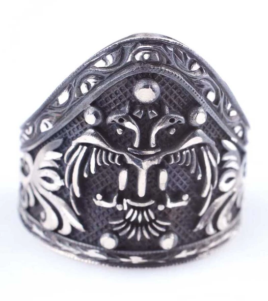 925 Ayar Gümüş Selçuklu Kartalı El Kalemli Okçu Yüzüğü - Resim 4