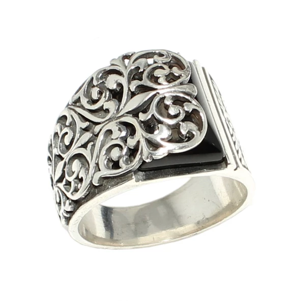 925 Ayar Gümüş Oniks Taşlı Erzurum Elişi Erkek Yüzük - Resim 2