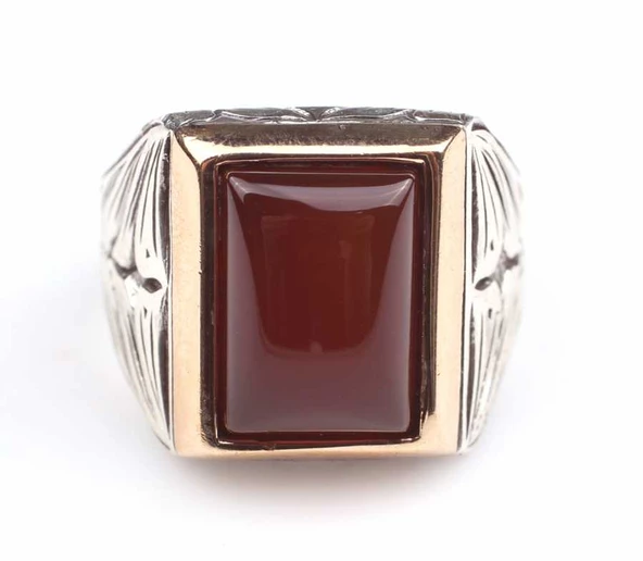 925 Ayar Gümüş ve Bronz Dikdörtgen Akik Taşlı İşlemeli Erkek Yüzük - Resim 5