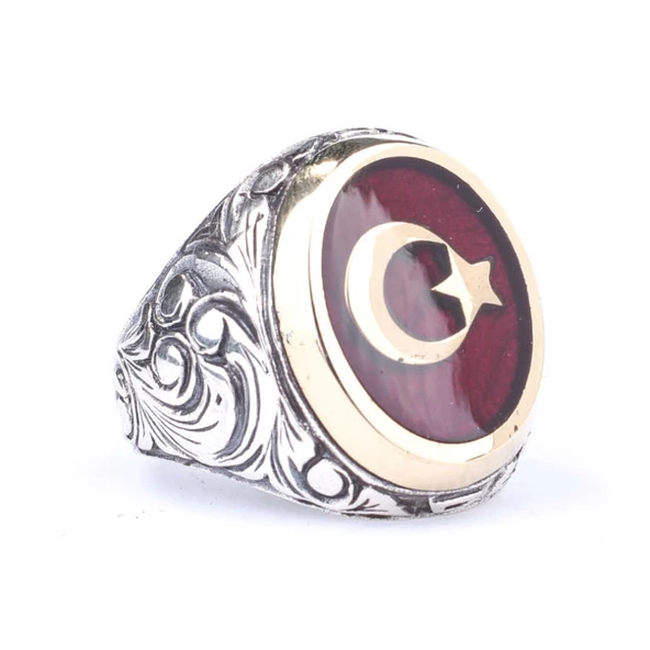925 Ayar Gümüş ve Bronz Oval Kırmızı Mineli Ay Yıldız Desenli Erkek Yüzük ürün görseli