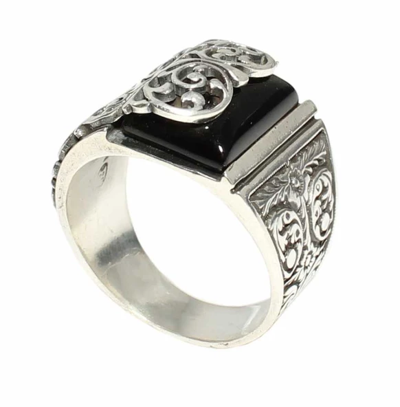 925 Ayar Gümüş Oniks Taşlı Erzurum Elişi Erkek Yüzük - Resim 4