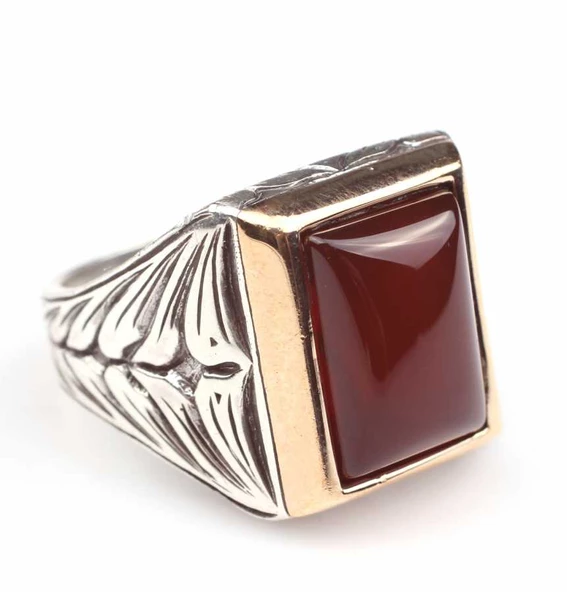 925 Ayar Gümüş ve Bronz Dikdörtgen Akik Taşlı İşlemeli Erkek Yüzük - Resim 6