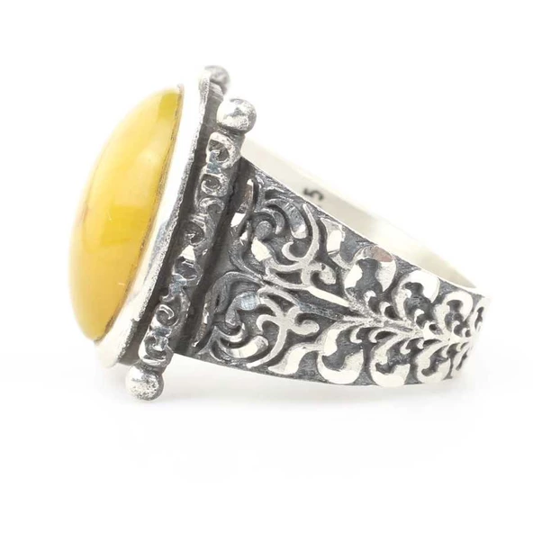 925 Ayar Gümüş Sarı Sıkma Kehribar Taşlı Ya Sabır Erkek Yüzük - Resim 4