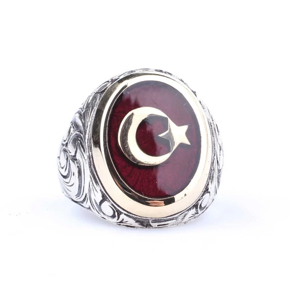 925 Ayar Gümüş ve Bronz Oval Kırmızı Mineli Ay Yıldız Desenli Erkek Yüzük - Resim 3