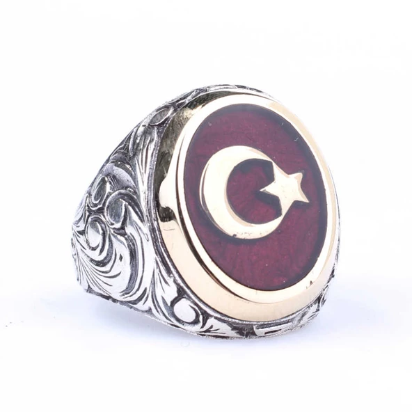 925 Ayar Gümüş ve Bronz Oval Kırmızı Mineli Ay Yıldız Desenli Erkek Yüzük - Resim 5