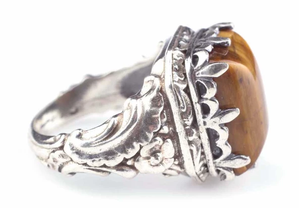 925 Ayar Gümüş Kaplangözü Taşlı Antik Tasarım Erkek Yüzük - Resim 3