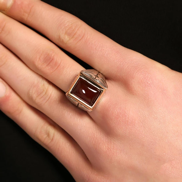 925 Ayar Gümüş ve Bronz Dikdörtgen Akik Taşlı İşlemeli Erkek Yüzük ürün görseli