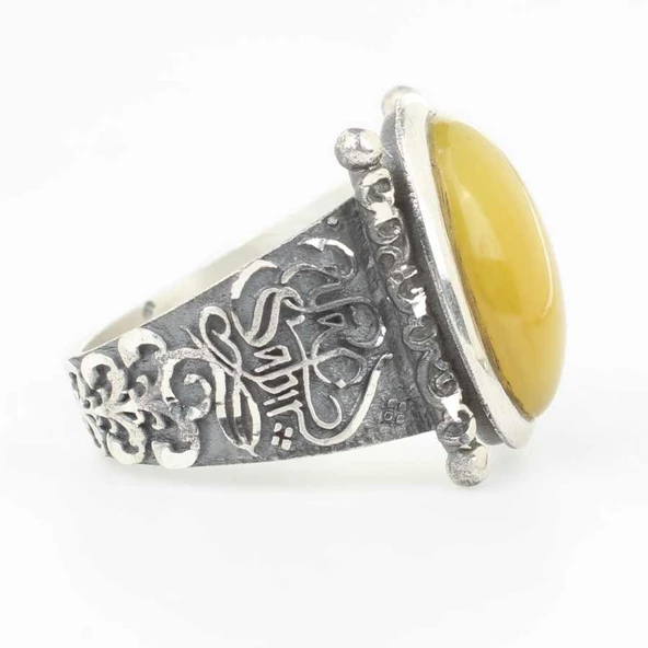 925 Ayar Gümüş Sarı Sıkma Kehribar Taşlı Ya Sabır Erkek Yüzük - Resim 2