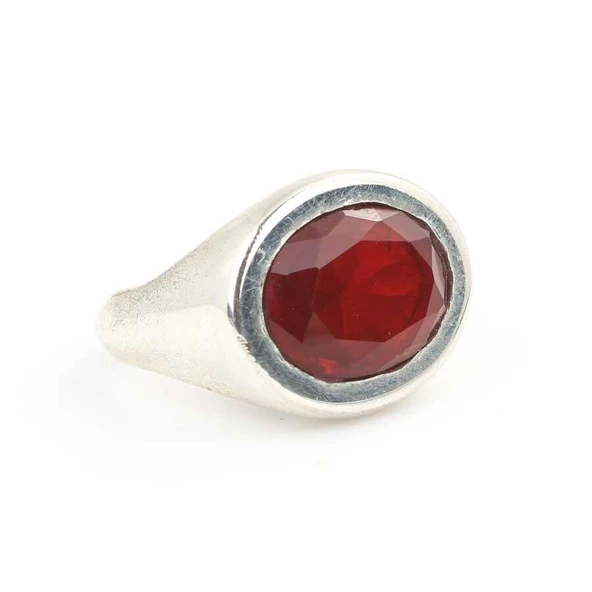 925 Ayar Gümüş Badem Yakut Taşlı Düz Erkek Yüzüğü