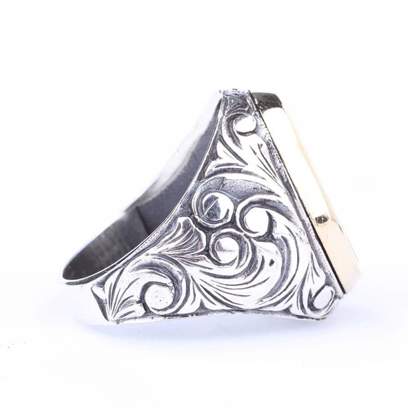 925 Ayar Gümüş ve Bronz Oval Kırmızı Mineli Ay Yıldız Desenli Erkek Yüzük - Resim 2