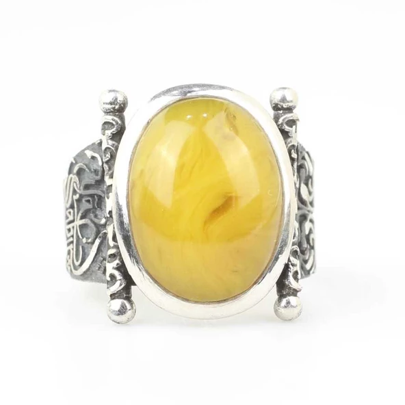 925 Ayar Gümüş Sarı Sıkma Kehribar Taşlı Ya Sabır Erkek Yüzük - Resim 3