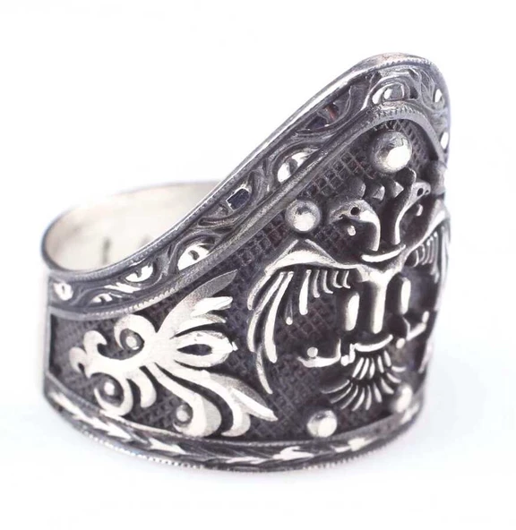 925 Ayar Gümüş Selçuklu Kartalı El Kalemli Okçu Yüzüğü - Resim 2