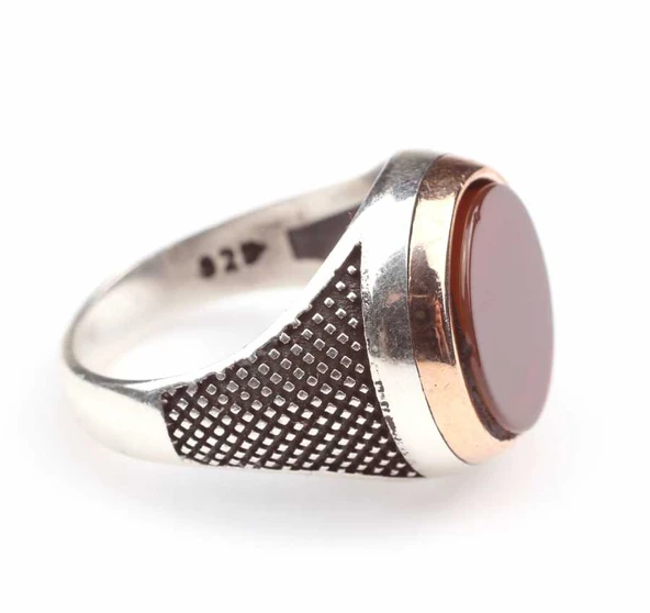 925 Ayar Gümüş ve Bronz Yakut Taşlı İşlemeli Erkek Yüzük - 6