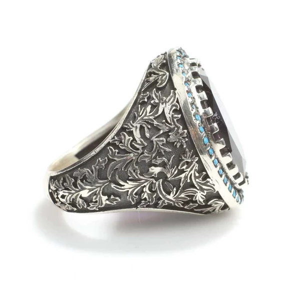 925 Ayar Gümüş Ametist Taşlı Erkek Yüzük - Resim 2