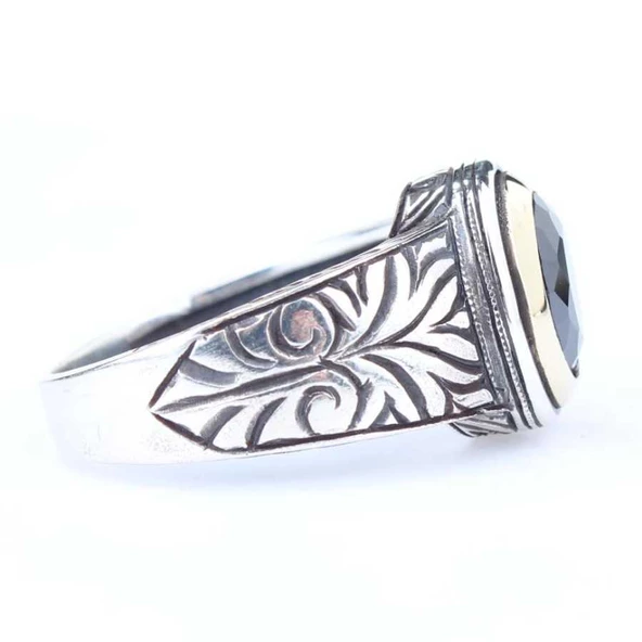 925 Ayar Gümüş Hematit Taşlı Desenli Erkek Yüzük - Resim 2