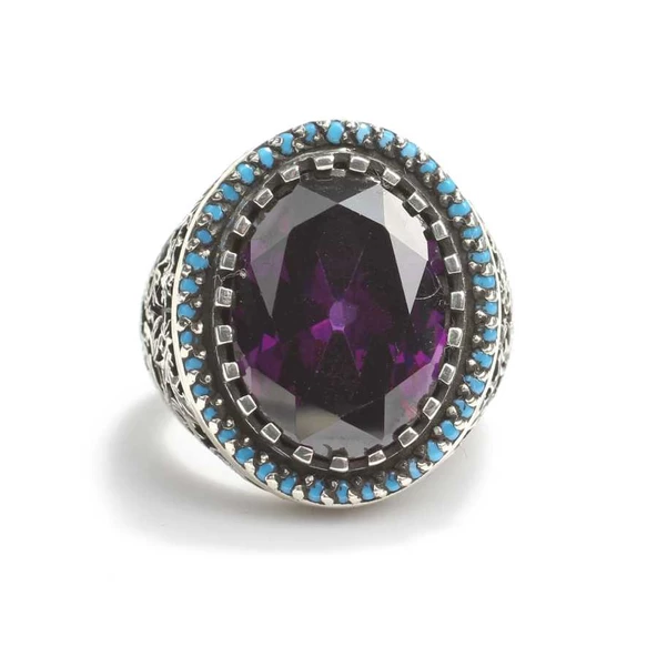 925 Ayar Gümüş Ametist Taşlı Erkek Yüzük - Resim 3