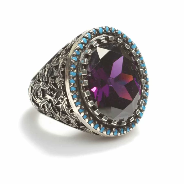 925 Ayar Gümüş Ametist Taşlı Erkek Yüzük ürün görseli 1