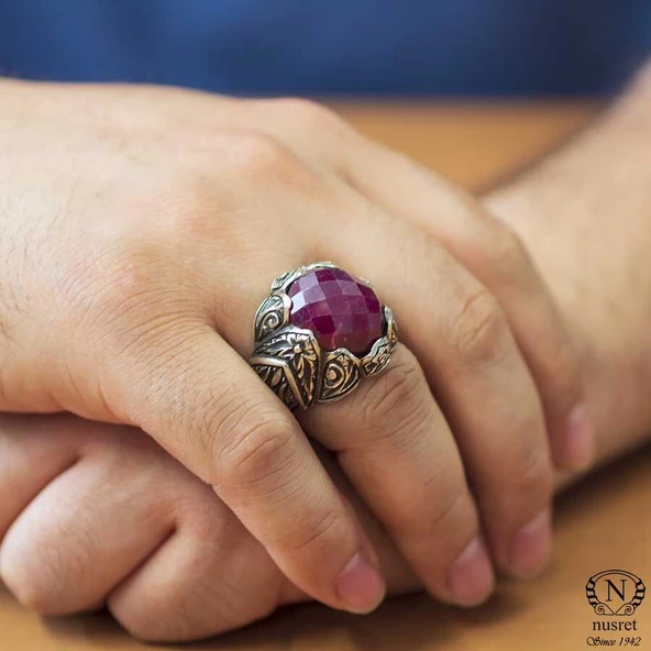 925 Ayar Gümüş Oval Kök Yakut Taşlı Erkek Yüzük