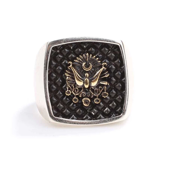 925 Ayar Gümüş Kabartmalı Osmanlı Devlet Arması Erkek Yüzük - Resim 4