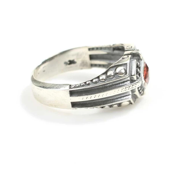 925 Ayar Gümüş Garnet Kare Taşlı Motifli Erkek Yüzük - Resim 5