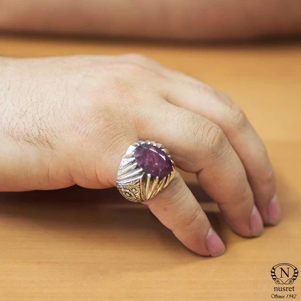 925 Ayar Gümüş Oval Kök Yakut Elişi Kalemli Erkek Yüzük