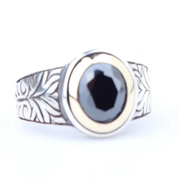 925 Ayar Gümüş Hematit Taşlı Desenli Erkek Yüzük - Resim 4