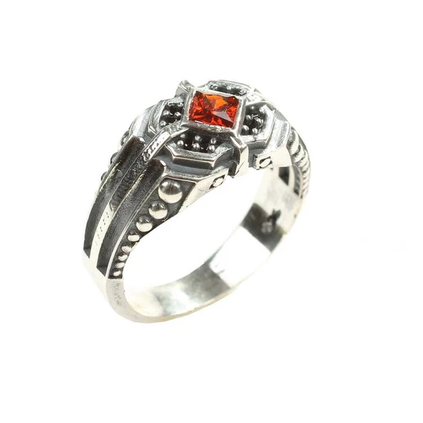 925 Ayar Gümüş Garnet Kare Taşlı Motifli Erkek Yüzük - Resim 2
