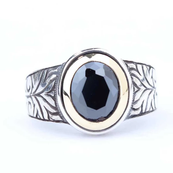 925 Ayar Gümüş Hematit Taşlı Desenli Erkek Yüzük - Resim 3